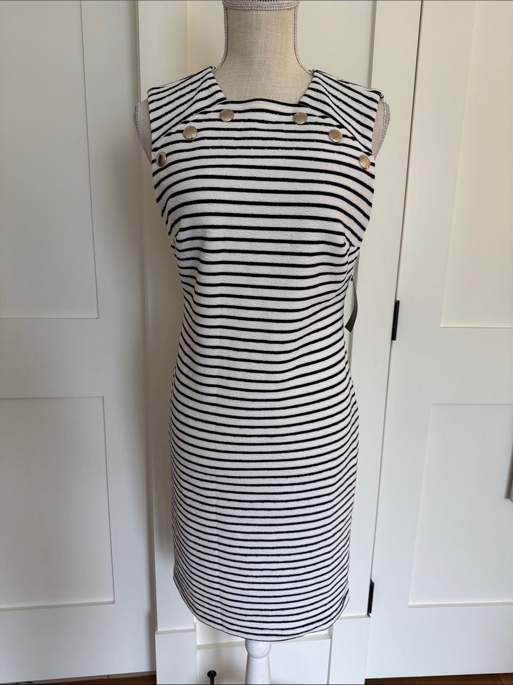 Tommy Hilfiger Black & White Striped Sleeveless Sheath Dress with Gold Buttons